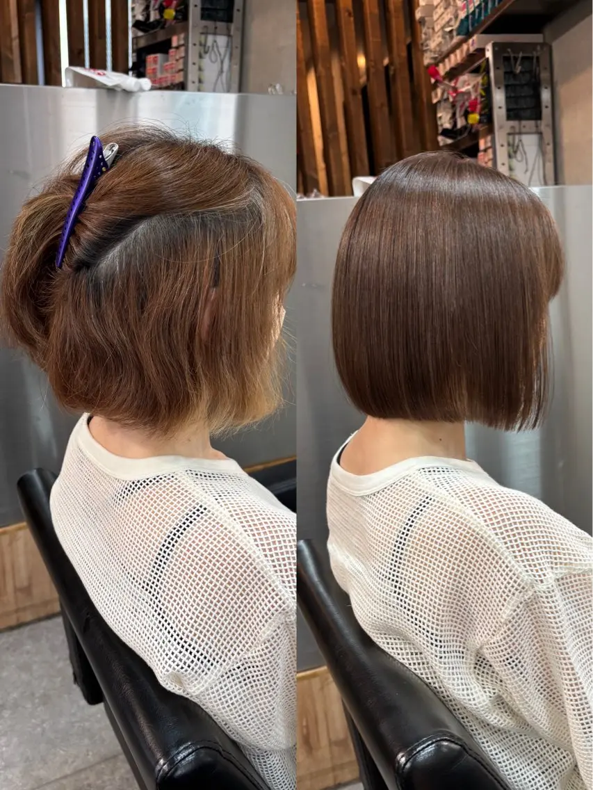 ショート カラー パーマ 縮毛矯正 カット ヘアカラー 縮毛矯正 トリートメント ショートボブ髪質改善 縮毛矯正のプロ山道潤のヘアスタイル