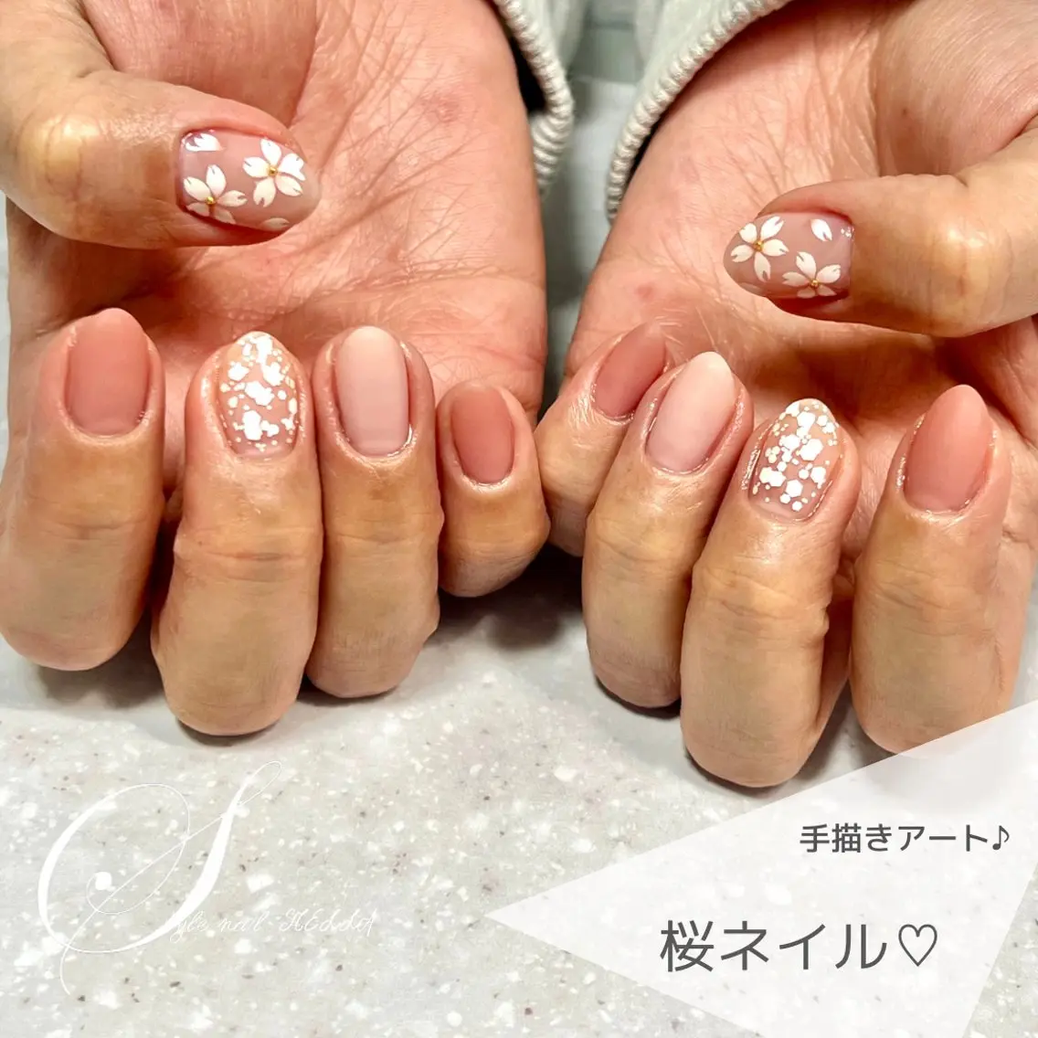 ネイル アートネイル 桜ネイル マットネイル ワンカラーネイル 春ネイル ハンドネイル ステラ marikominoのネイルデザイン
