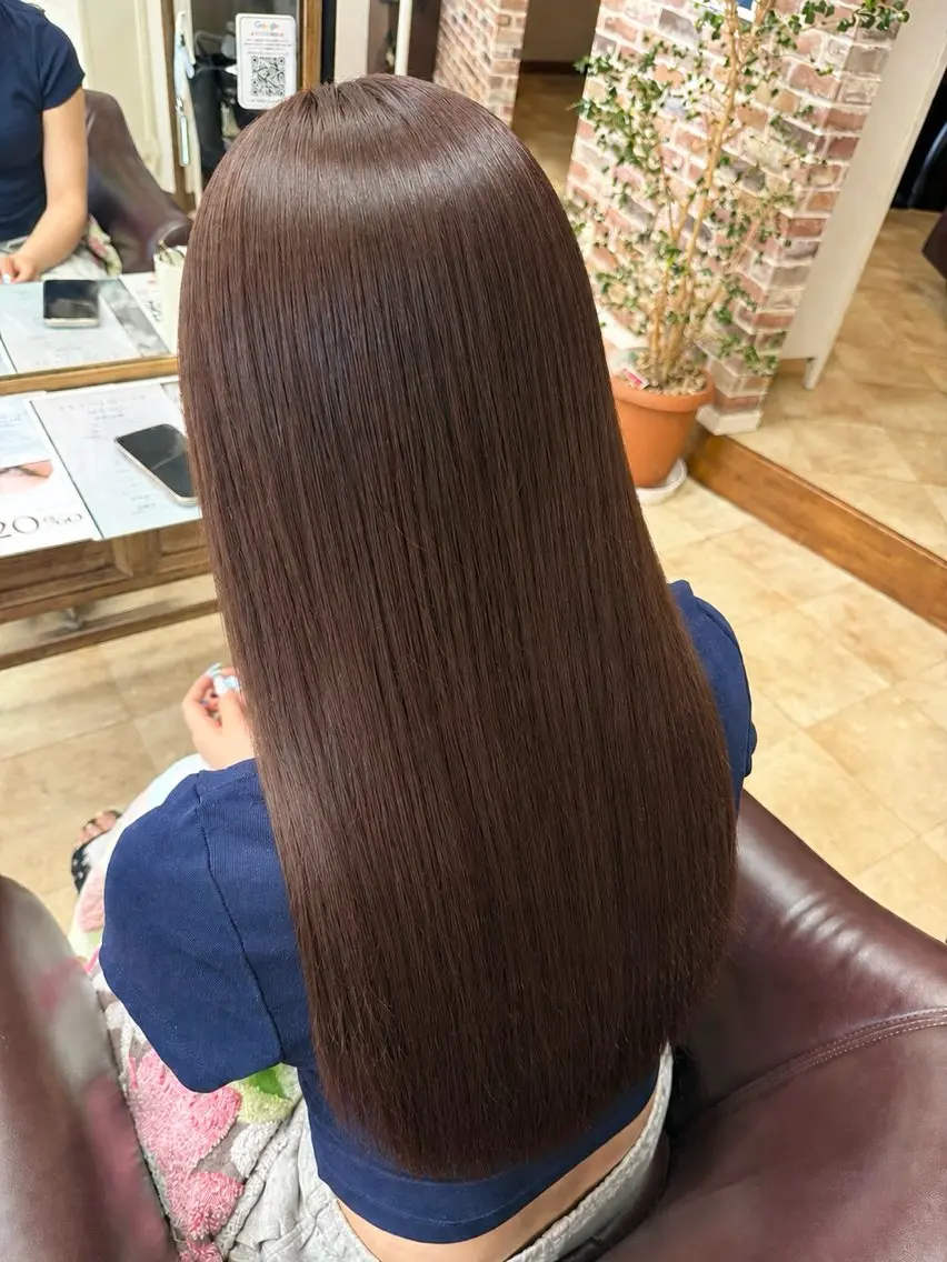 ロング カラー ブラウンカラー 髪質改善 トリートメント カット ヘアカラー 上村華女 髪質改善カラーのヘアスタイル