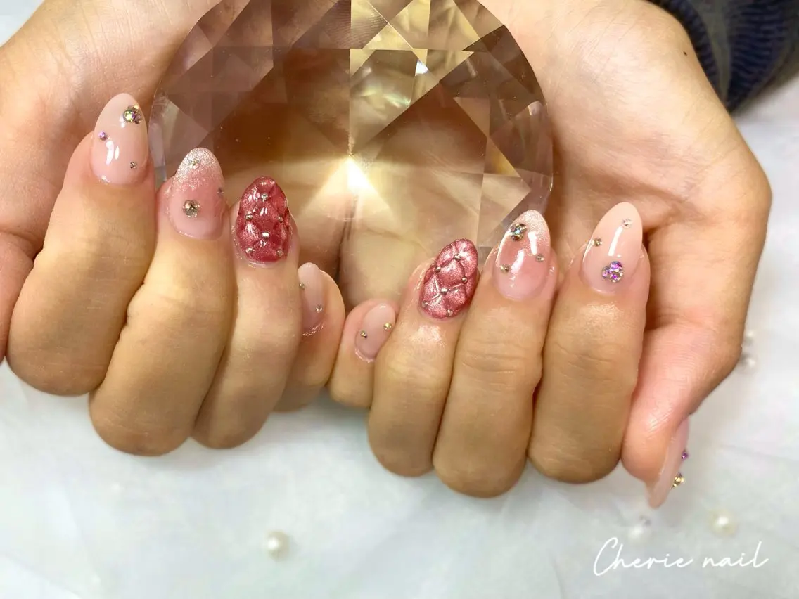 ネイル チークネイル ジェルネイル マグネットネイル ピンク ワンホンネイル ハンドネイル Cherienail yunaのネイルデザイン