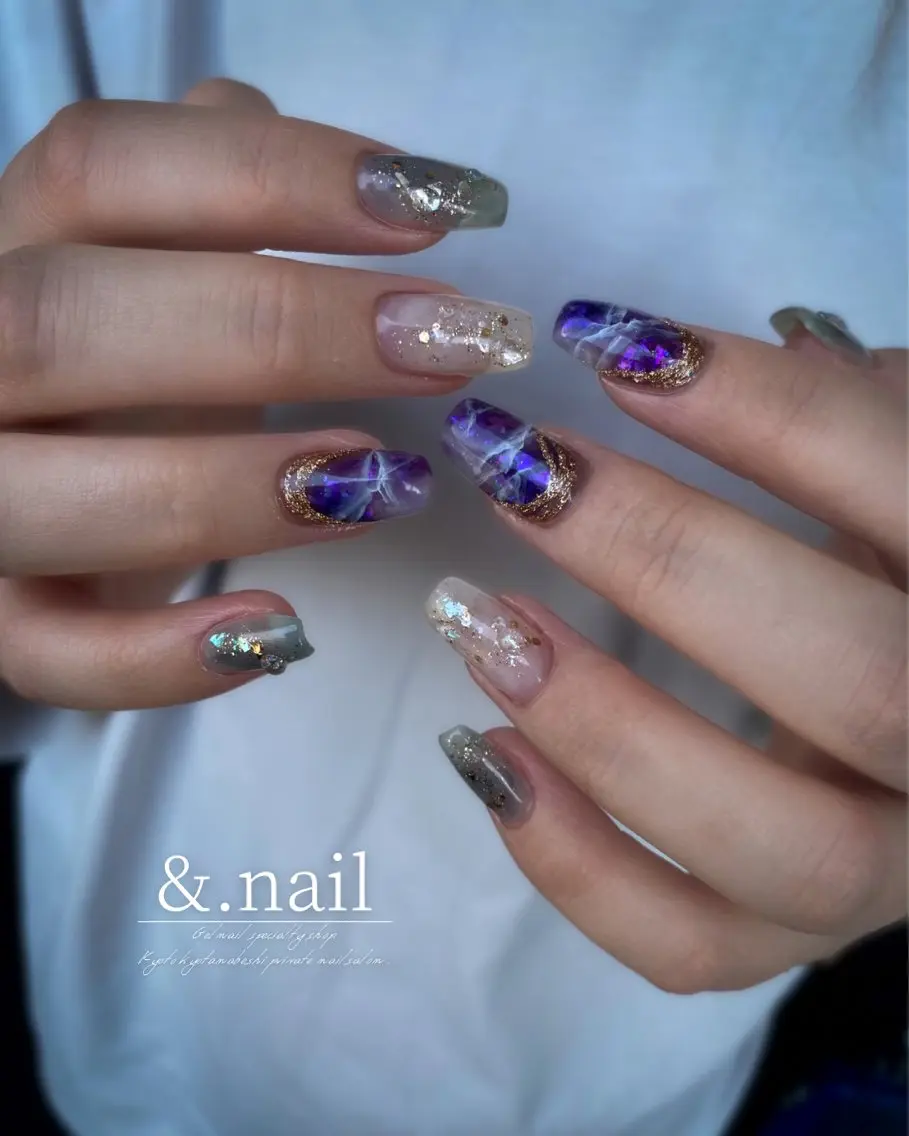 ネイル ブルー グリーン 水色 パープル ハンドネイル &.nail/ ニュアンス/持込み可のネイルデザイン
