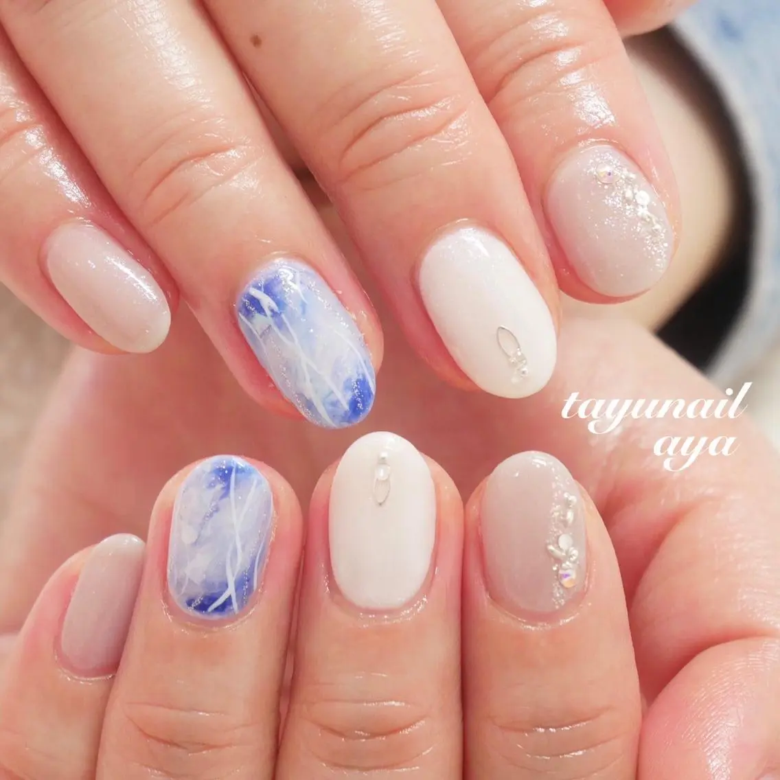 ネイル アートネイル ブルー ジェルネイル パラジェル 春ネイル ネイルサロン 【たゆnail】のネイルデザイン