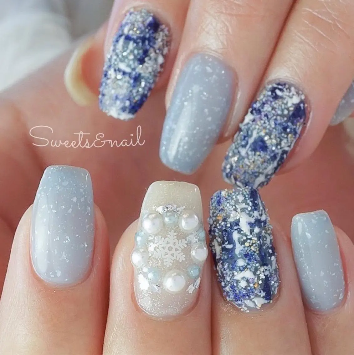 ネイル ブルー キラキラネイル 水色 ツイードネイル ホワイト Sweets& nail みなこのネイルデザイン