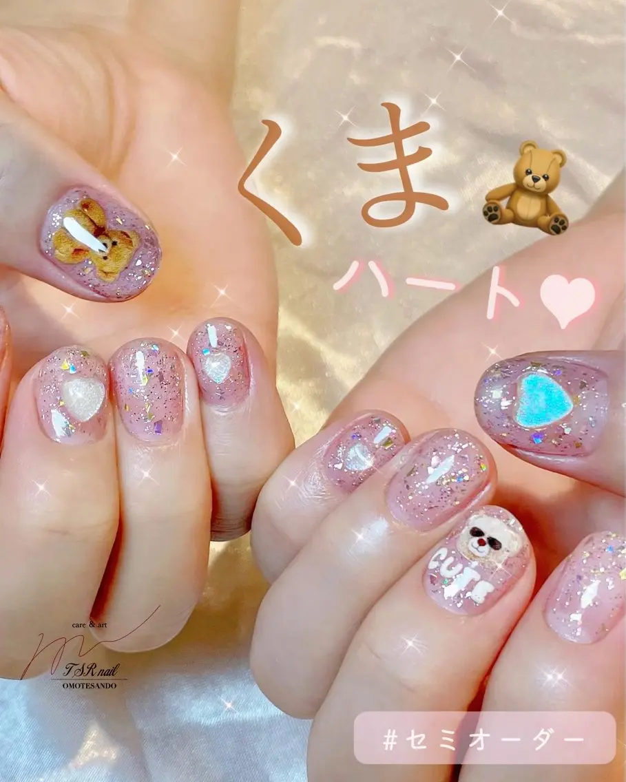 ネイル クリアネイル ジェルネイル ハート 韓国ネイル ショートネイル ハンドネイル 爪咲 りり花のネイルデザイン