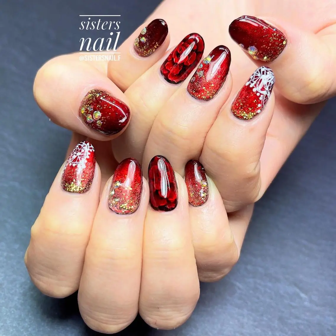 ネイル アートネイル クリアネイル キラキラネイル レース マグネットネイル sisters nail.fのネイルデザイン