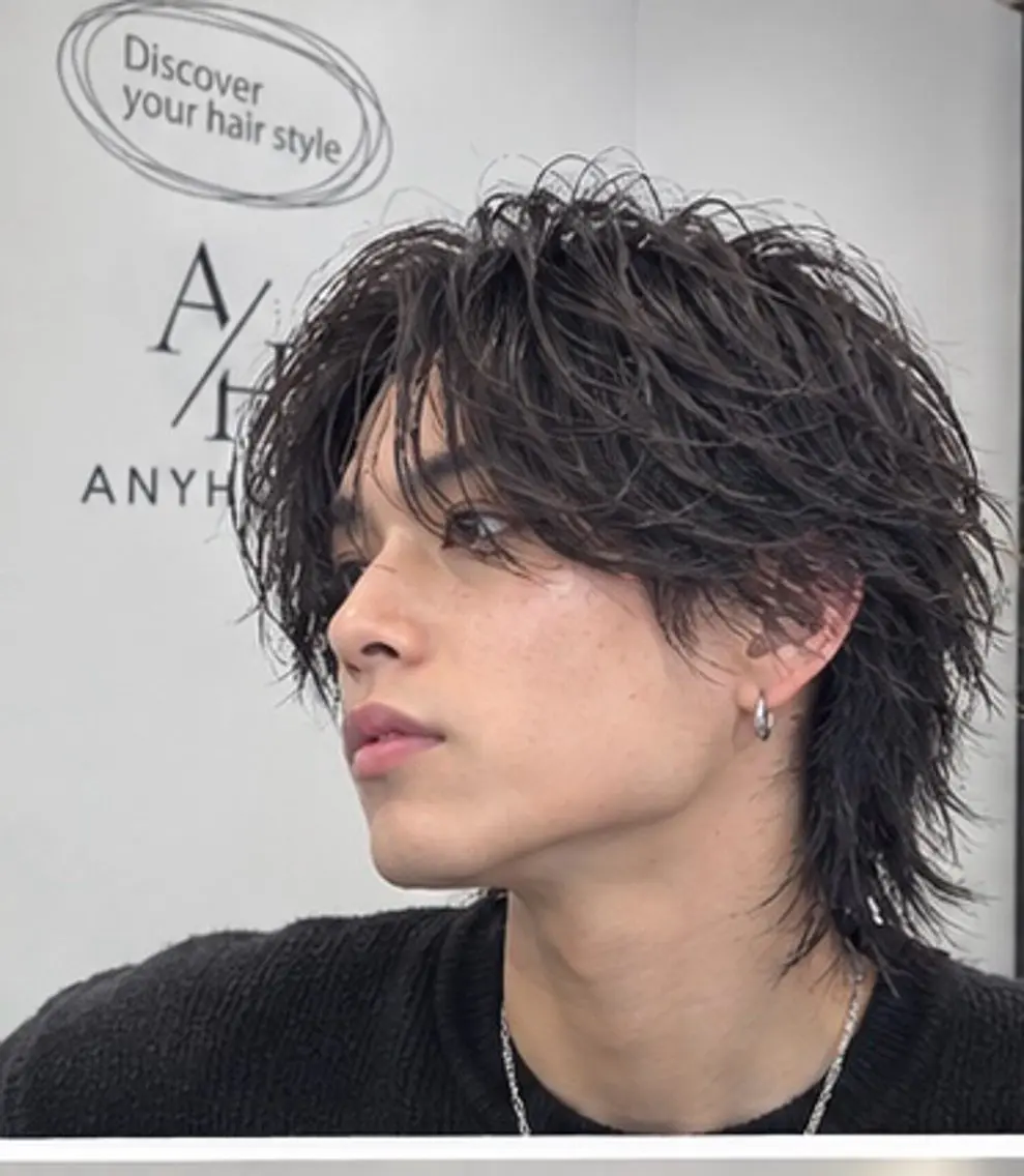 ミディアム カラー パーマ メンズ マッシュ メンズウルフカット レイヤーカット ウルフカット 池田達也anyhow /店長のヘアスタイル