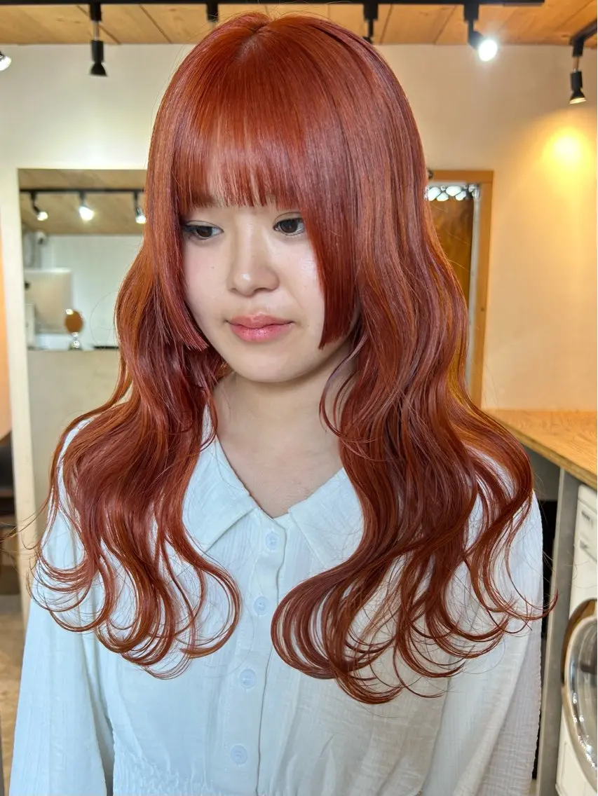 ロング カラー メンズ ブラウンカラー オレンジ オレンジブラウン カット ヘアカラー トリートメント 🧸艶々韓国ヘア 🧁mizunaのヘアスタイル