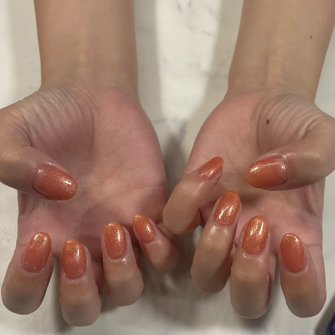 ネイル ラメ(グリッター) オレンジ ハンドネイル 心愛 Knailのネイルデザイン