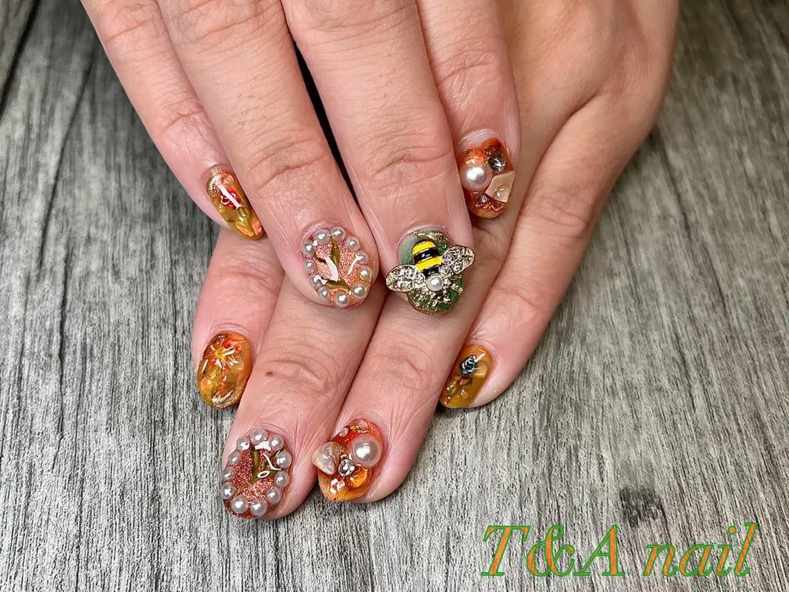 ショート ネイル 長さ出し ジェルネイル ニュアンスネイル オレンジ スカルプネイル T&A nailのネイルデザイン