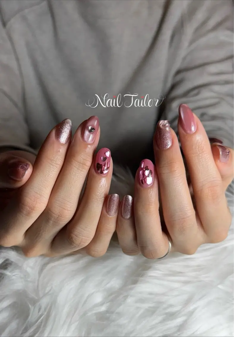 ネイル ハート ホログラムネイル キラキラネイル ワンカラーネイル ピンク ハンドネイル NailTailor ネイルテイラーのネイルデザイン