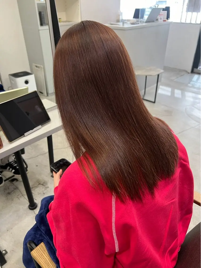 ロング パーマ 髪質改善 レイヤーカット 縮毛矯正 トリートメント 酸性ストレート 縮毛矯正 🍒モテ暖色カラー × うる艶✧ ゆなのヘアスタイル