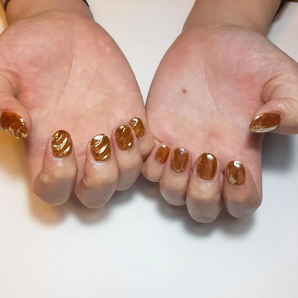 ネイル ミラーネイル オレンジ owlnail /持込みデザイン専門のネイルデザイン