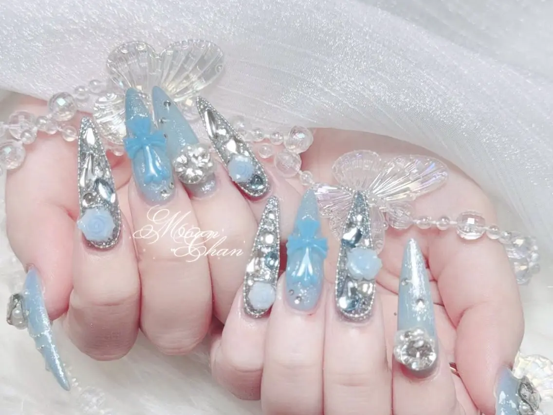 ネイル 成人式 大理石ネイル(マーブル) リボン 夏ネイル ネイルチップ ハンドネイル MoMoA Nail ネイル長さ出し専門店のネイルデザイン