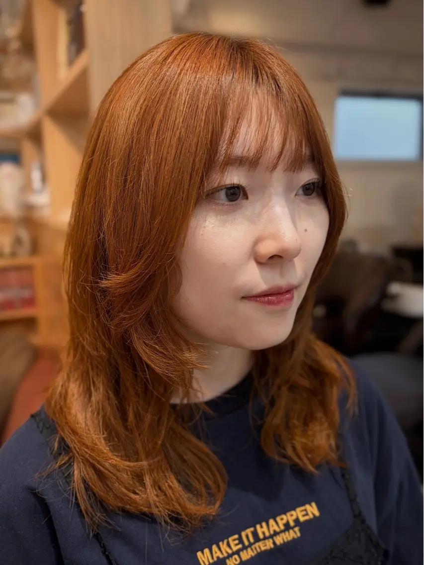 ミディアム カラー ミディアムレイヤー ブラウンカラー 透明感カラー ハイトーンカラー オレンジ カット ヘアカラー cana 札幌レイヤースタイルのヘアスタイル