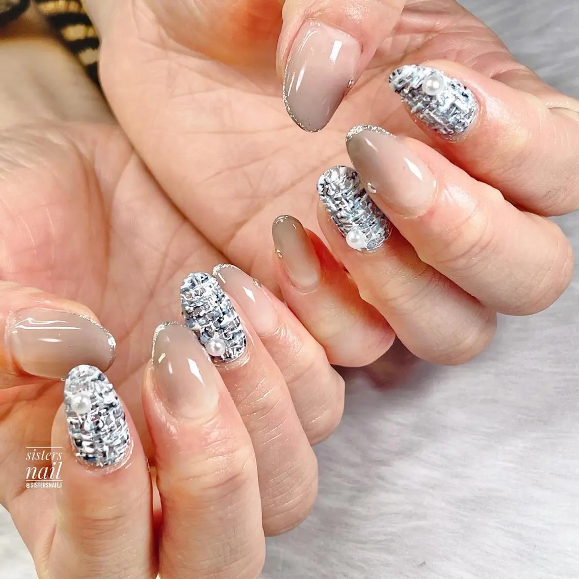 ネイル アートネイル ブルー フレンチネイル ネイビー ツイードネイル sisters nail.fのネイルデザイン