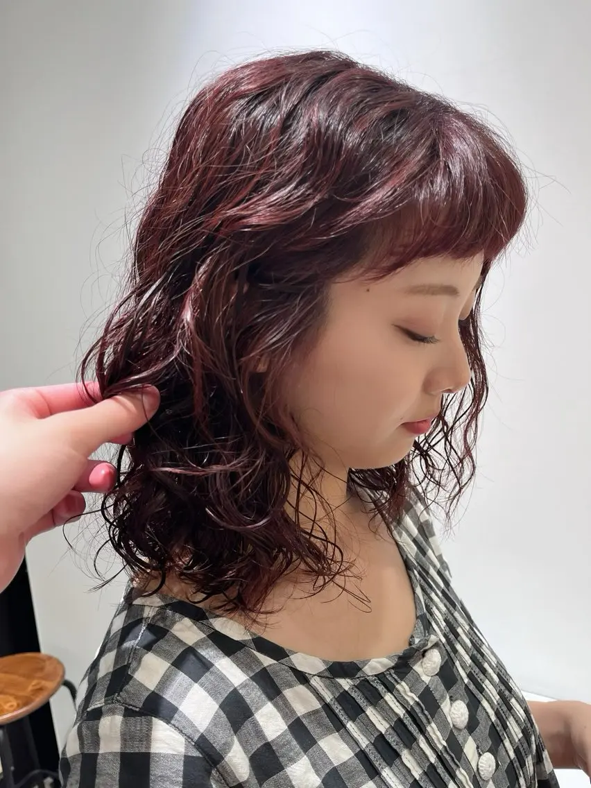 ミディアム カラー パーマ ミディアムパーマ ボブ カット ヘアカラー パーマ 似合わせパーマ/ kazuのヘアスタイル