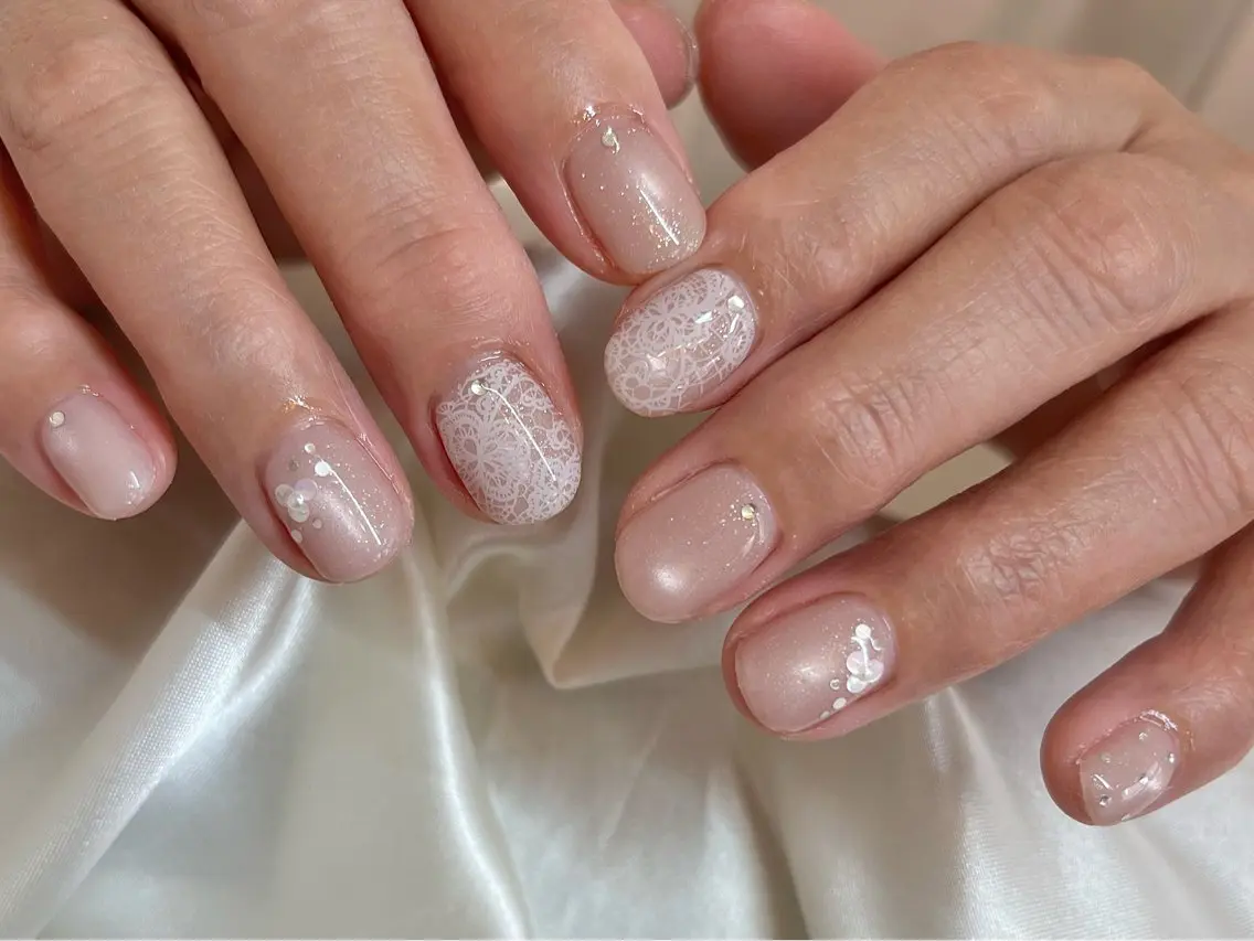 ネイル キラキラネイル レース ピンク ハンドネイル petit sarina..ෆのネイルデザイン