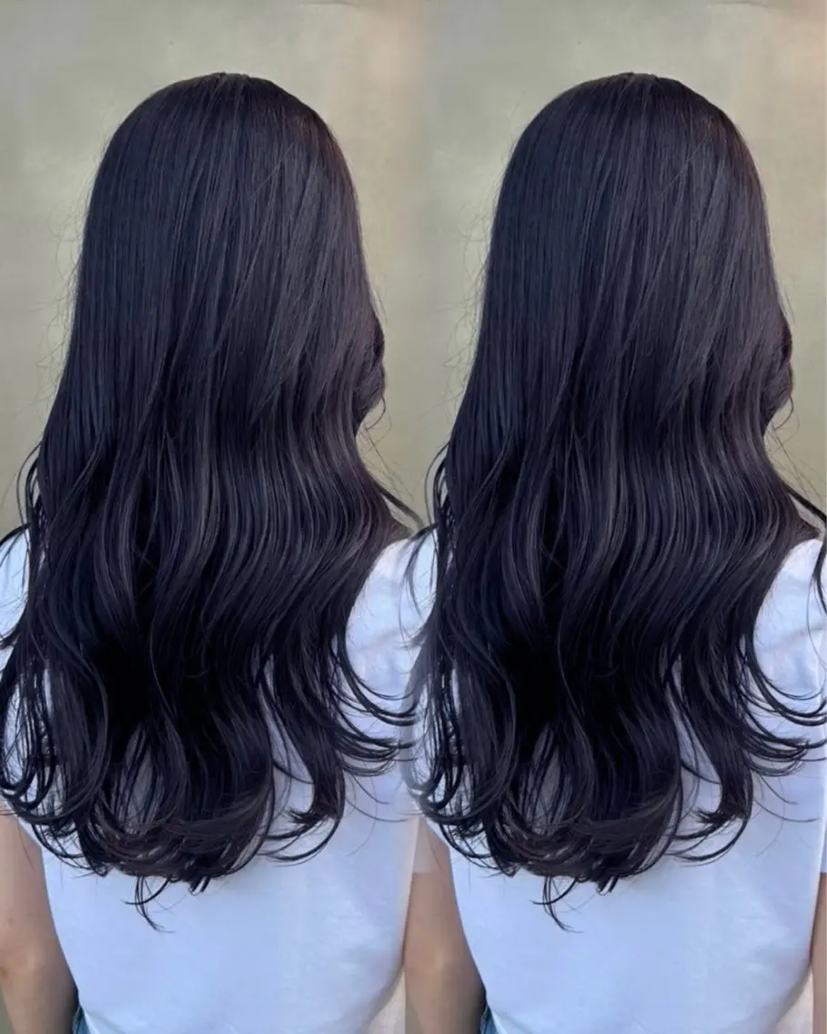 ロング カラー 黒髪 ブルーカラー ブルーブラック 透明感カラー ネイビーカラー ヘアカラー トリートメント Cinci💛いつか 💛透明感カラーのヘアスタイル