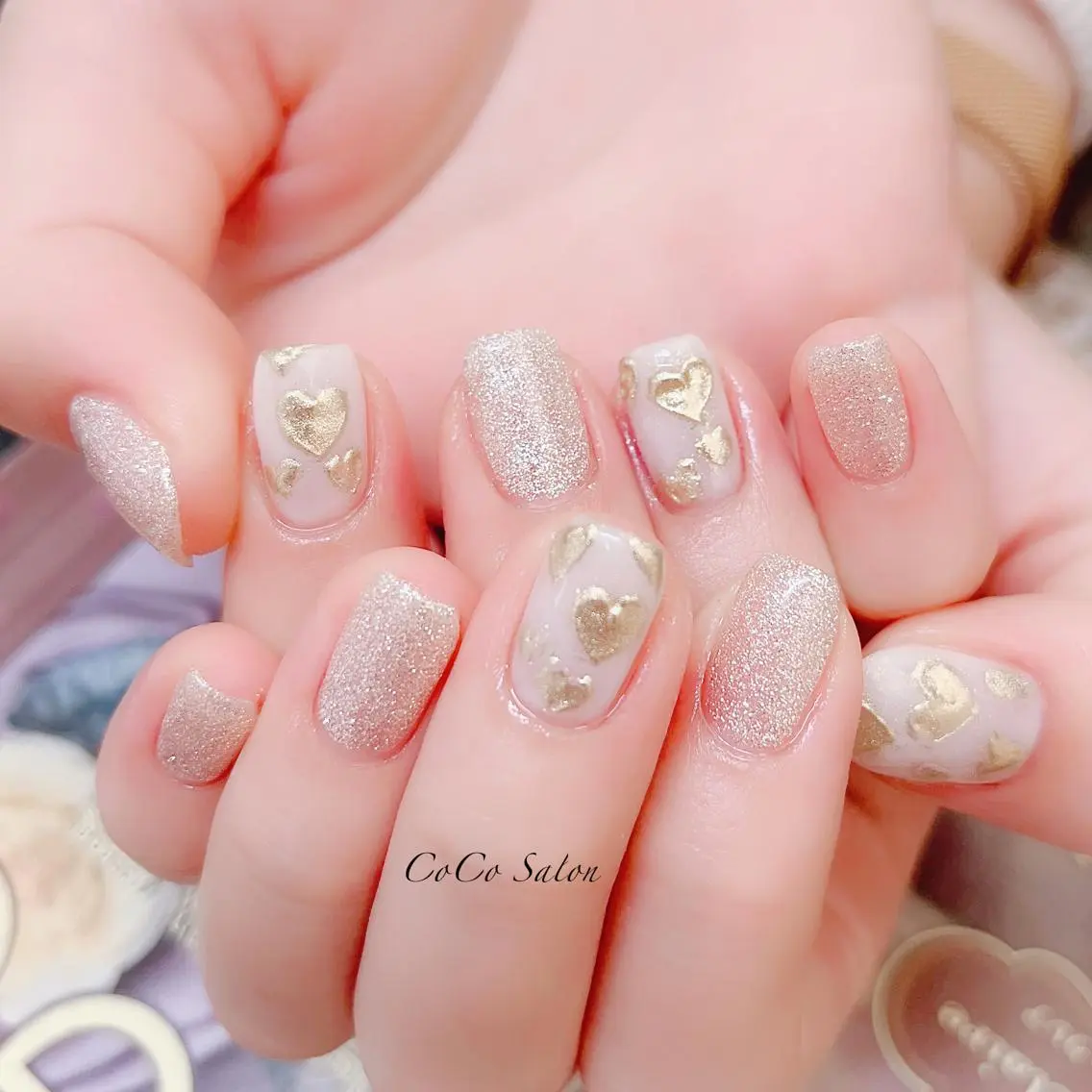 ネイル 長さ出し ジェルネイル ハート キラキラネイル 韓国ネイル ハンドネイル CoCoSalon ネイル/まつ毛予約のネイルデザイン