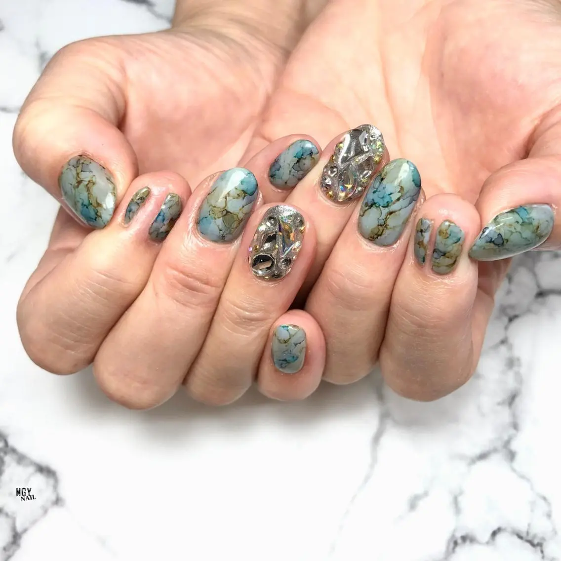 ネイル アートネイル ブルー ジェルネイル 大理石ネイル(マーブル) パラジェル ハンドネイル NAIL NOWのネイルデザイン