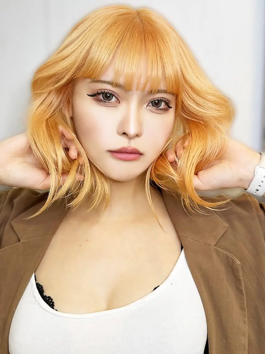 ミディアム カラー ハイトーンカラー オレンジ ヘアカラー トリートメント 【店長】韓国ヘア/ 美髪ケア 野沢綾馬のヘアスタイル