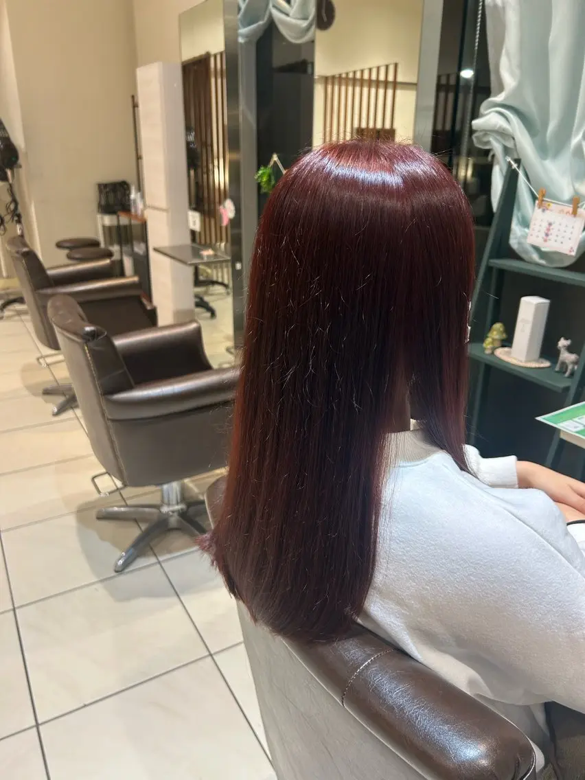 ロング カラー ボルドーカラー 落合 千夏のヘアスタイル