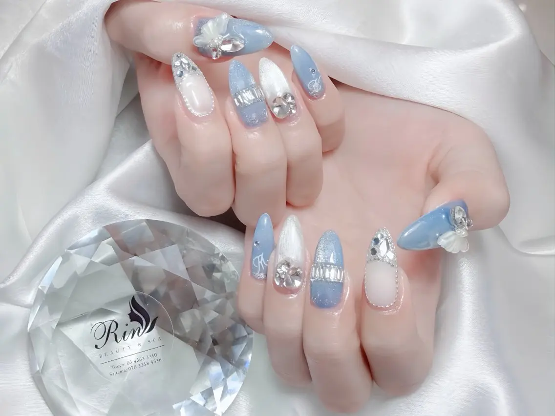 ネイル ブルー ジェルネイル ガーリー グラデーション グリーン ハンドネイル Rin Nail 新大久保店のネイルデザイン