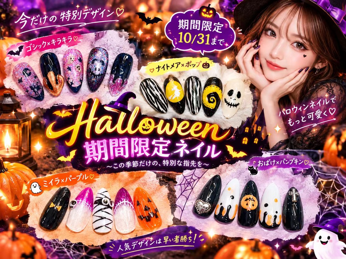 ハロウィン期間限定】6本アートネイル ◎持ち込み/色指定自由/パーツ込みの写真