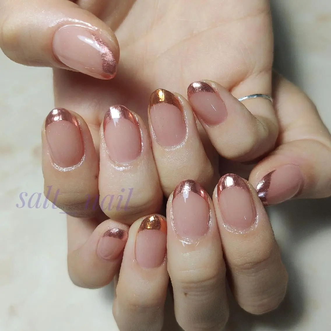ネイル フレンチネイル ゴールド ミラーネイル ピンク 個人サロン saltnailのネイルデザイン