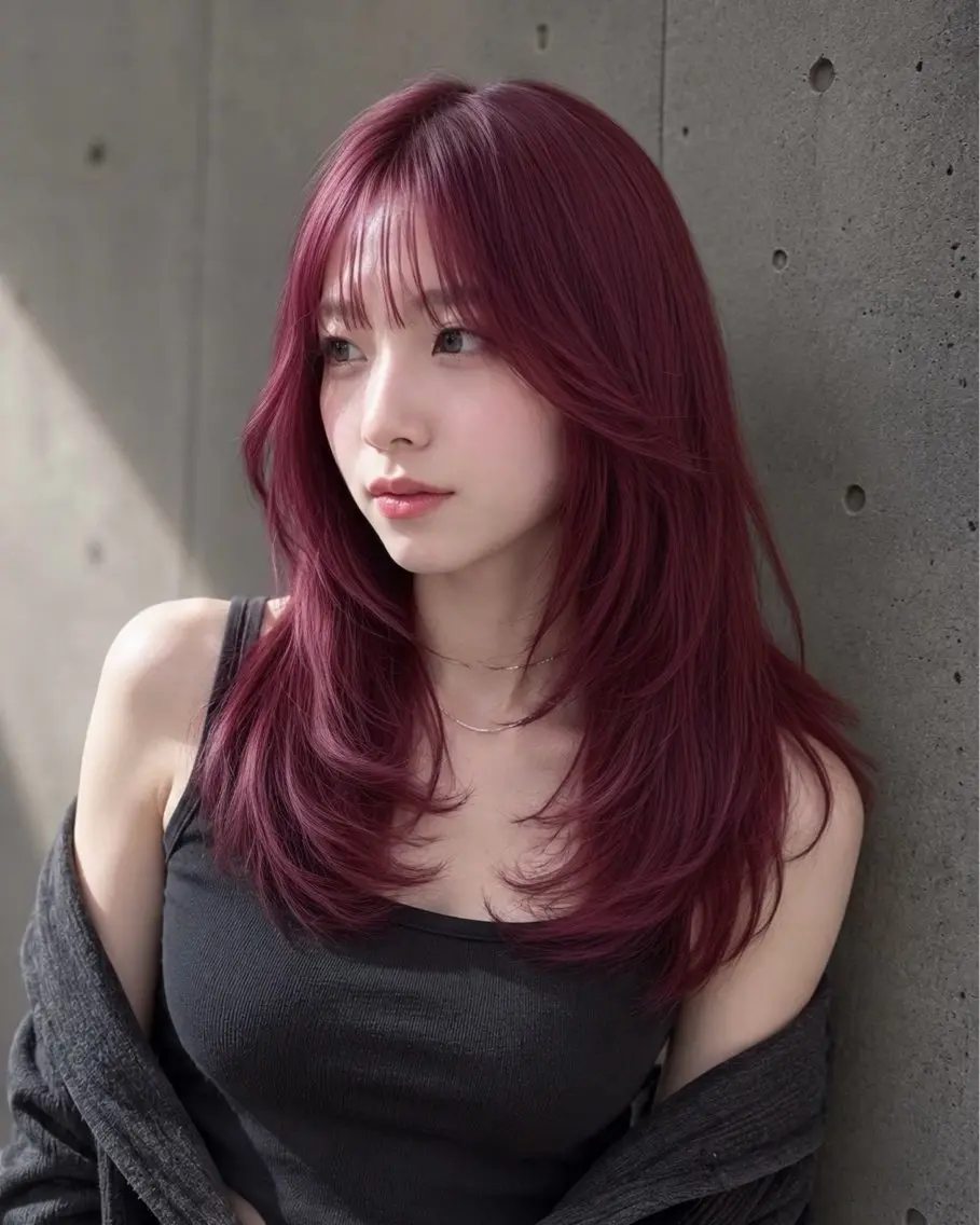 ロング カラー レッドカラー ハッシュカット カット ヘアカラー トリートメント ハッシュカット&艶々 ハイトーン/ミワのヘアスタイル