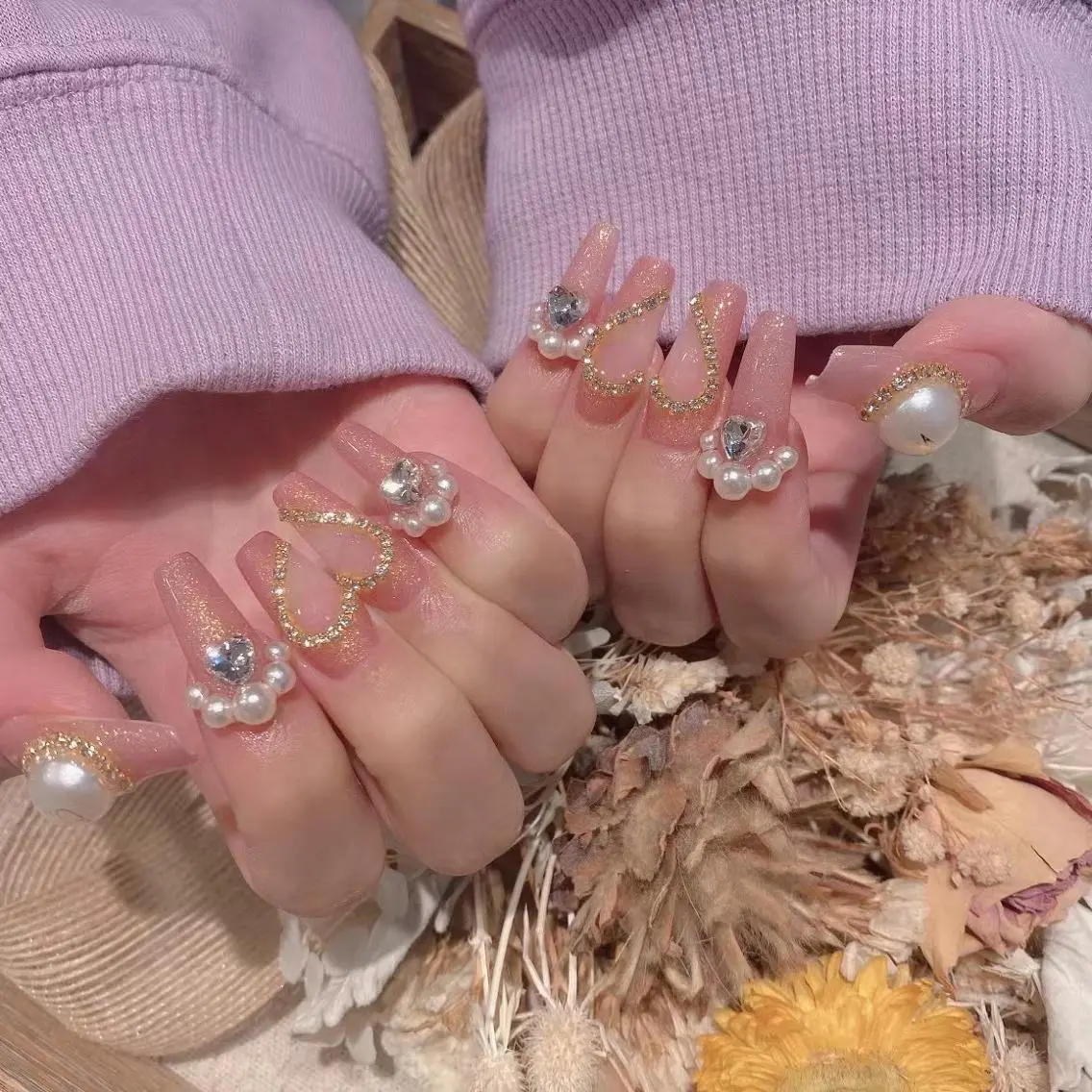ネイル ガーリー ハート ラメ(グリッター) ピンク Babarla Nailのネイルデザイン