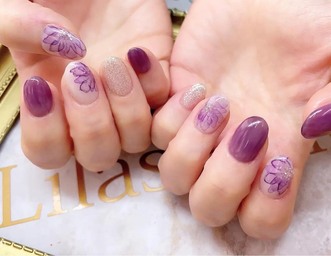 ネイル ブルー フラワーネイル ジェルネイル ニュアンスネイル ピンク Lilas Nailのネイルデザイン