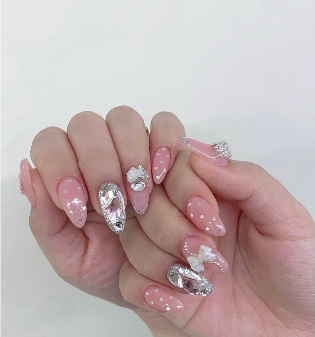 ネイル 長さ出し キラキラネイル 韓国ネイル ロングネイル 持ち込み ハンドネイル MONE PINK  NAILのネイルデザイン