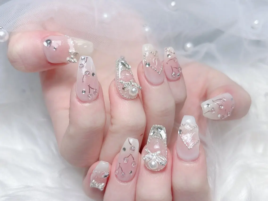 ネイル 成人式 大理石ネイル(マーブル) リボン 夏ネイル ネイルチップ ハンドネイル MoMoA Nail ネイル長さ出し専門店のネイルデザイン