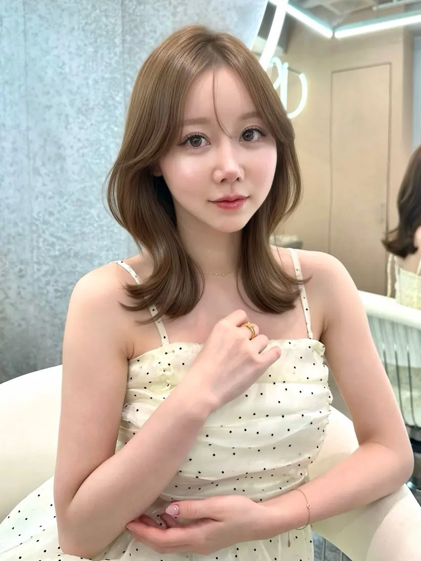 ミディアム カラー ヘアアレンジ ミディアムレイヤー ベージュカラー ブリーチ 透明感カラー ダブルカラー カット ヘアカラー トリートメント ブリーチなしW🎀 髪質改善／はのんのヘアスタイル