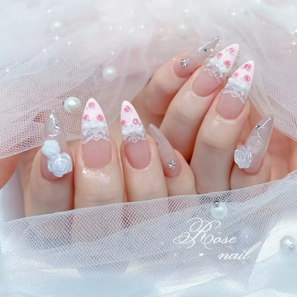 ネイル ガーリー レース リボン 春ネイル ハンドネイル Keli Nail 難波のネイルデザイン