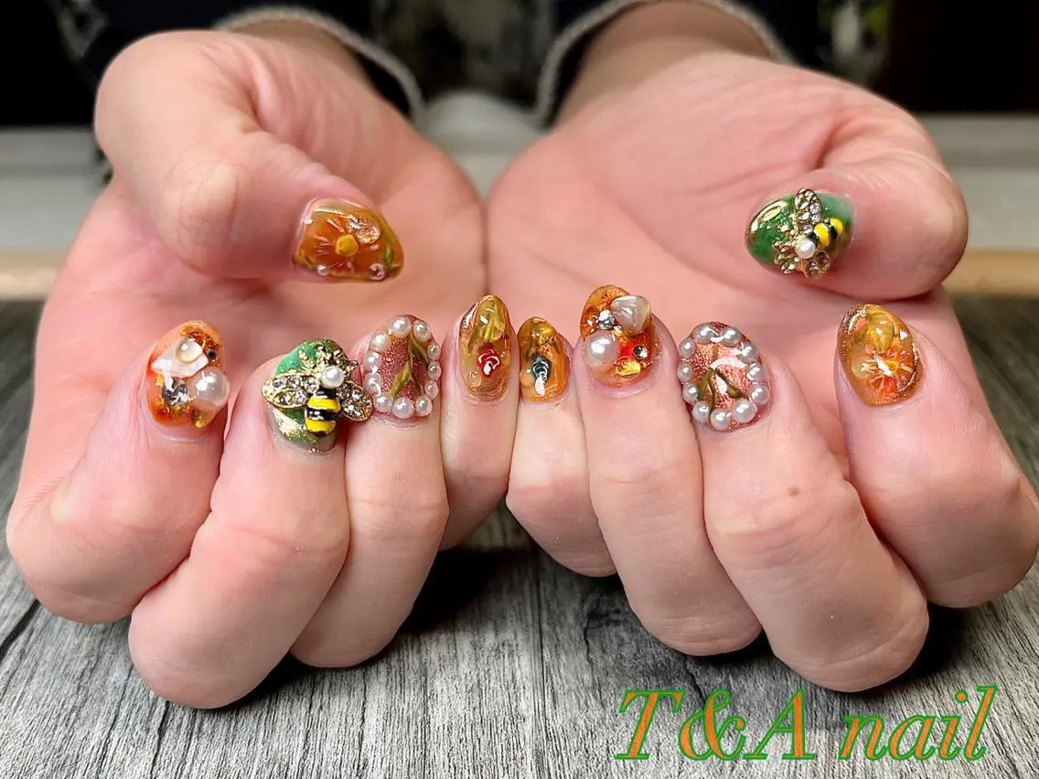 ショート ネイル 長さ出し ジェルネイル ニュアンスネイル オレンジ スカルプネイル T&A nailのネイルデザイン