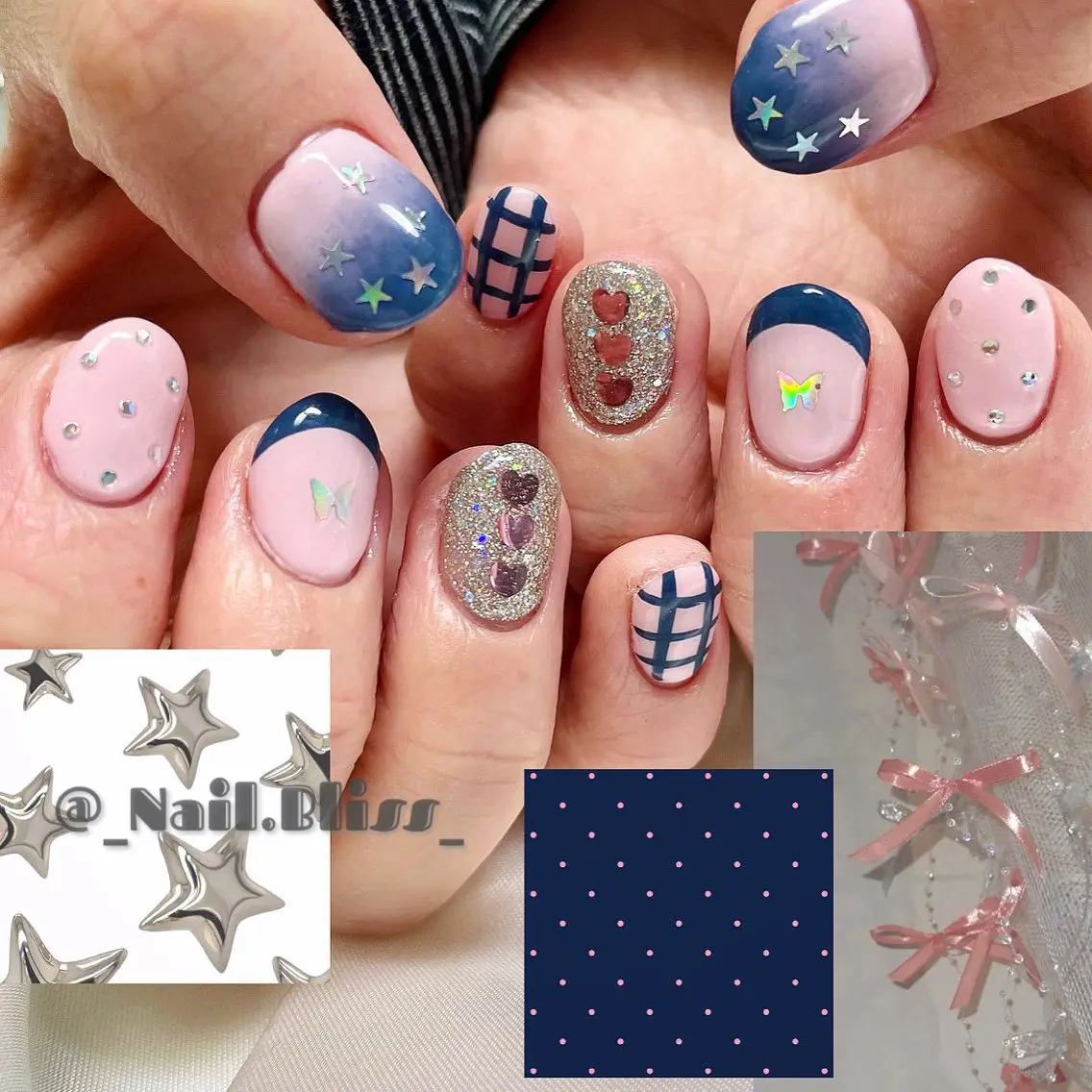 ネイル ガーリー ネイビー ピンク ハンドネイル NAIL BLISSのネイルデザイン