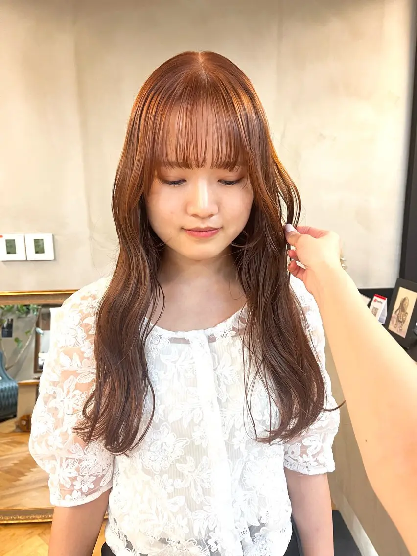 ロング カラー ヘアアレンジ ブリーチ ダブルカラー ブリーチなしカラー オレンジ カット ヘアカラー トリートメント ena/ブリーチなし 透明感・レイヤー🎀のヘアスタイル