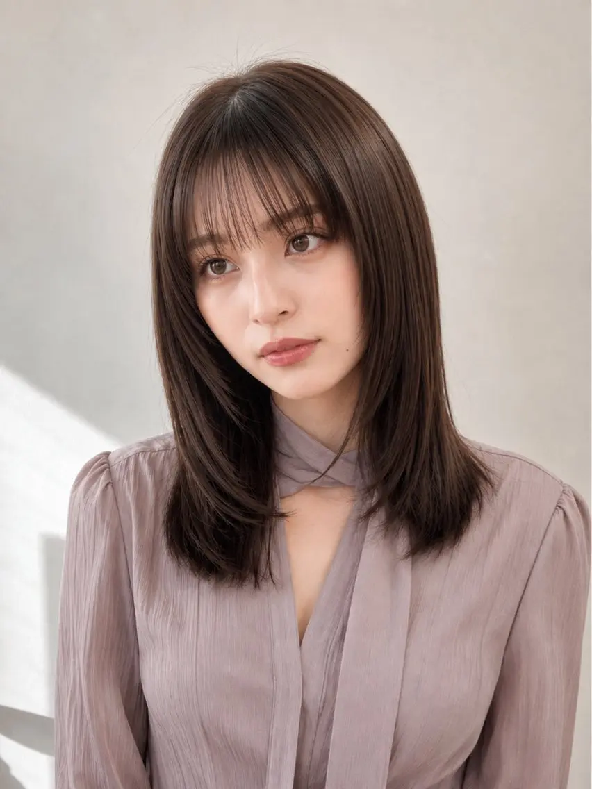 ミディアム 顔周りカット レイヤーカット シースルーバング カット ヘアカラー トリートメント モテ🤍トレンドヘア /新宿/ワカナのヘアスタイル