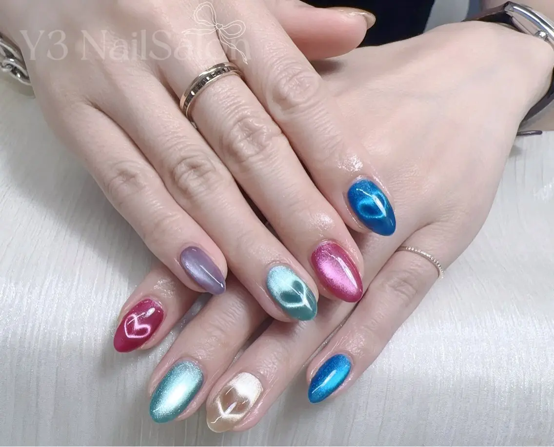 ネイル ハート 氷ネイル・うるうるネイル キラキラネイル マグネットネイル ハンドネイル Y3 NailSalonのネイルデザイン