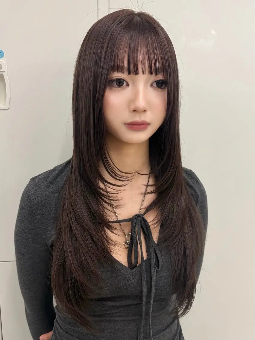 ロング くびれヘア 顔周りカット ハイレイヤー 髪質改善 韓国風ヘア リコ ハッシュカット 韓国レイヤーのヘアスタイル