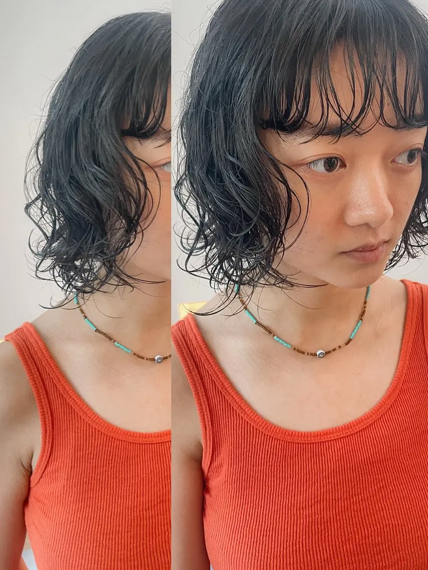 ミディアム パーマ ミディアムパーマ カット パーマ 抜け感ボブ×パーマ ｜kazaneのヘアスタイル