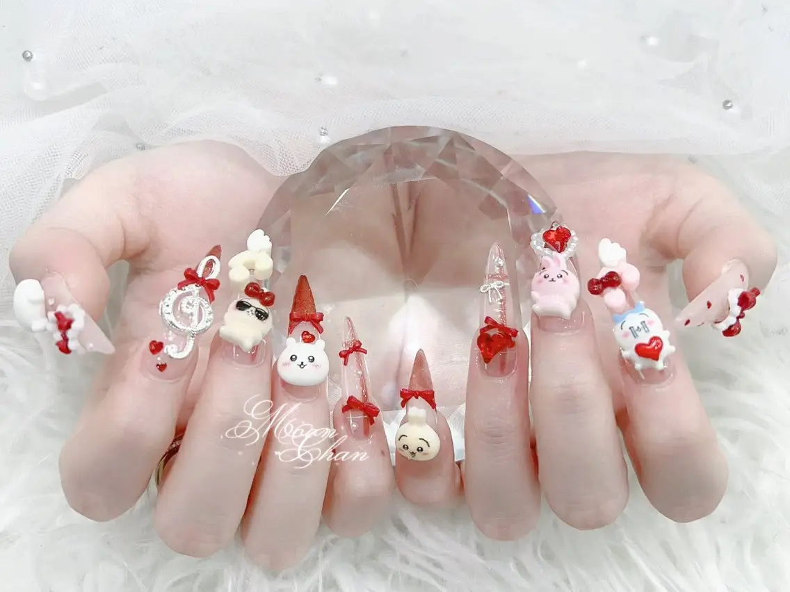 ネイル 成人式 大理石ネイル(マーブル) リボン 夏ネイル ネイルチップ ハンドネイル MoMoA Nail ネイル長さ出し専門店のネイルデザイン