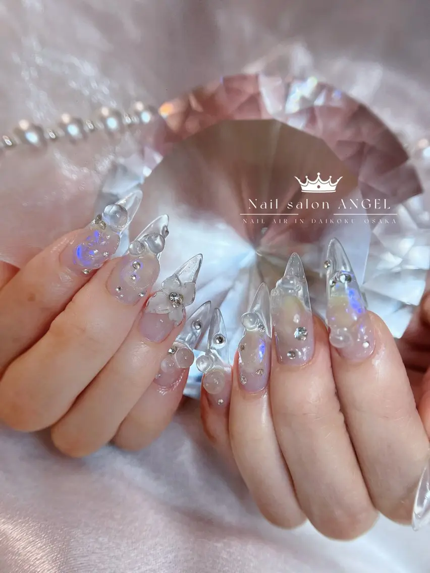 ネイル ジェルネイル ゴージャス 韓国ネイル ロングネイル シルバー 大阪/大国ANGEL 🦋ユ🥰ワンホンのネイルデザイン