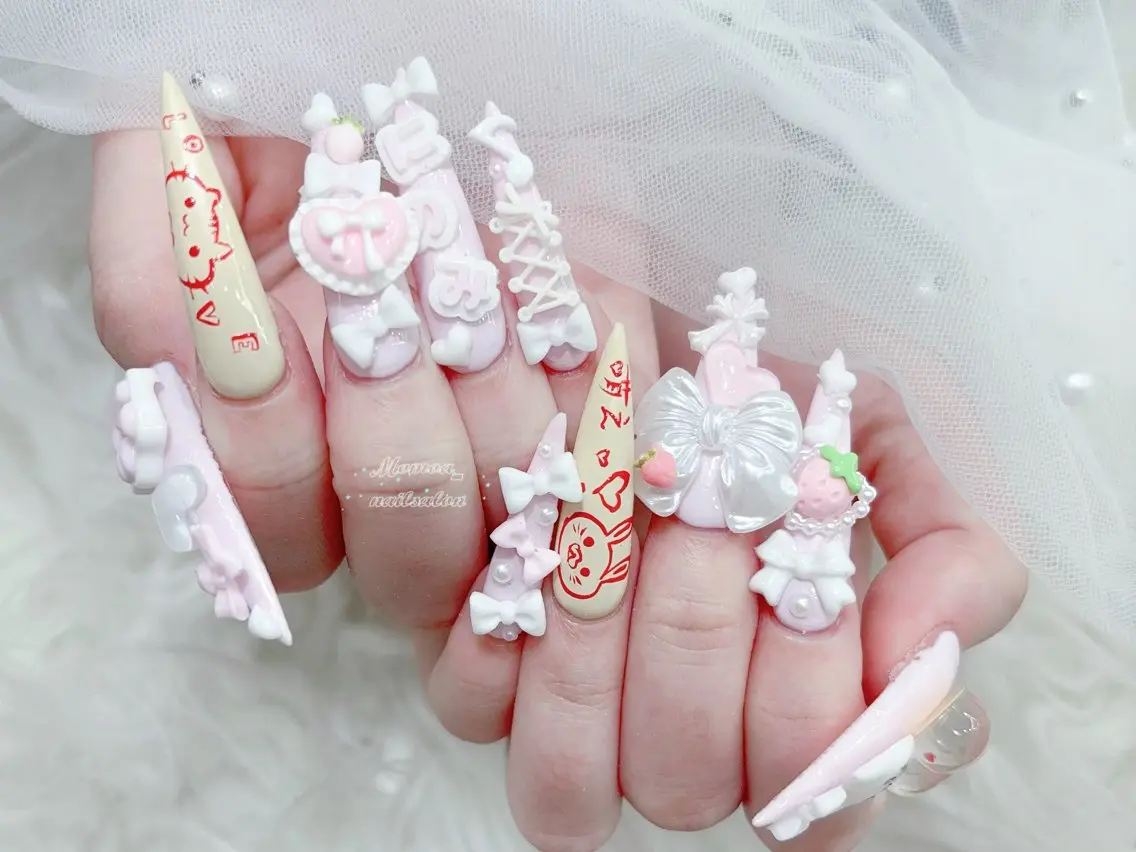 ネイル 成人式 マグネットネイル 大理石ネイル(マーブル) リボン 夏ネイル ハンドネイル MoMoA Nail ネイル長さ出し専門店のネイルデザイン