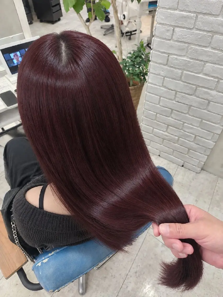 ロング カラー ボルドーカラー レッドカラー 顔まわりレイヤー 顔周りカット ハッシュカット カット ヘアカラー トリートメント レイヤー×艶髪特化 代表　西村功平のヘアスタイル