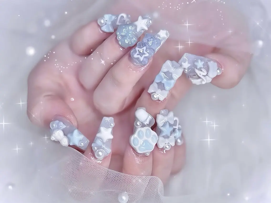 ネイル べっ甲ネイル ブルー 長さ出し フレンチネイル ジェルネイル ハンドネイル Rin Nail 新大久保店のネイルデザイン