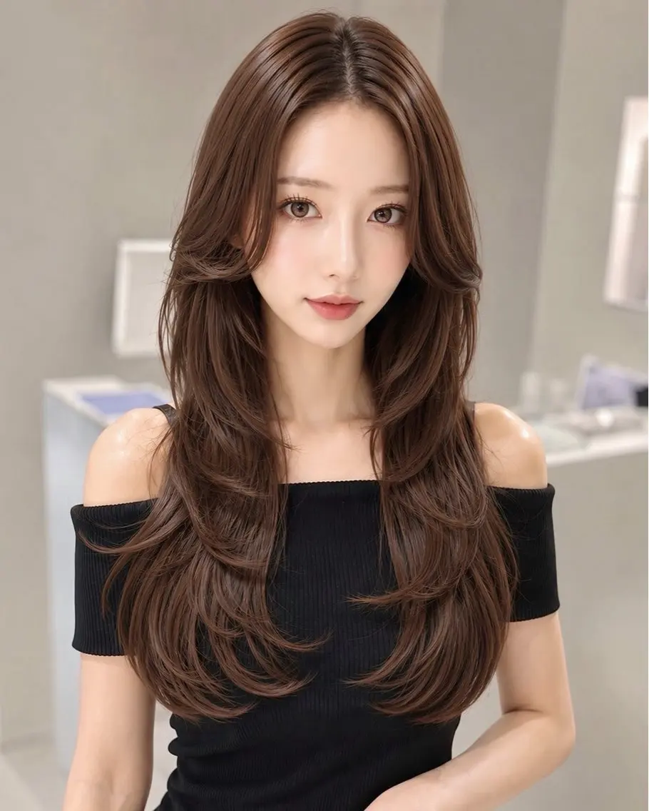 ロング カラー カット ヘアカラー トリートメント 髪質改善ストレート 韓国風レイヤー池袋のヘアスタイル