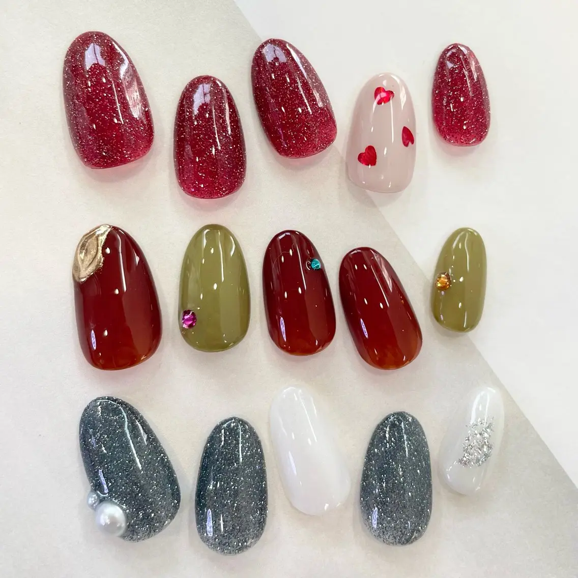 ネイル ブルー ブラウン フラッシュネイル グリーン ハート nailsalon amity🌿池田のネイルデザイン
